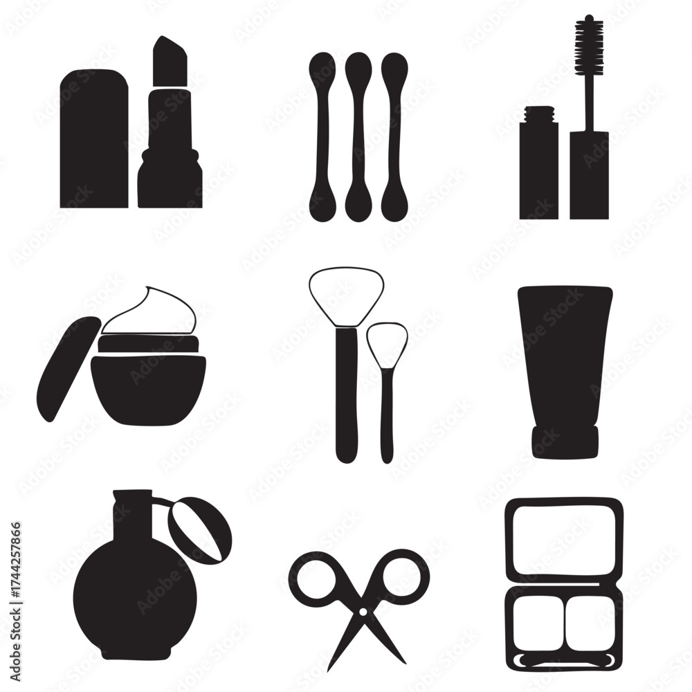 Obraz premium Collection of Black Silhouette Makeup and Personal Care Icons on White Background