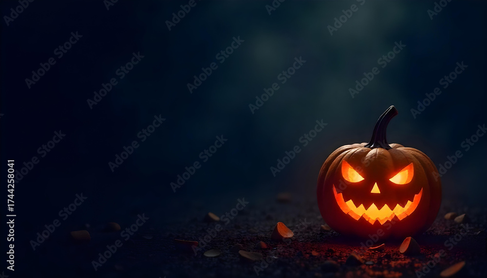 Naklejka premium Halloween poster template with glowing pumpkin. Modern Halloween poster with dark background and glowing pumpkin, perfect for party invitation or banner.