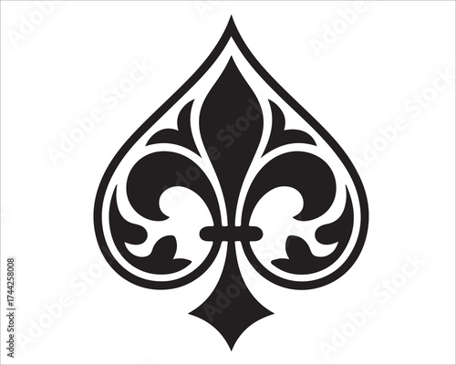 Elegant black spade symbol with ornamental fleur-de-lis pattern, classic playing card suit icon in vector style isolated on white background, perfect for design, tattoo, or logo use