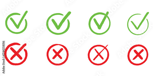 Check mark icons. green check mark and red cross mark icon set. green tick and red. Symbols of approval and Decline icon vector