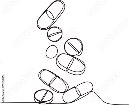 Falling pills and capsules abstract line art medicine