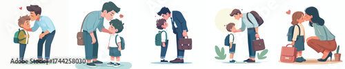 vector of a parent kissing his child before leaving for school