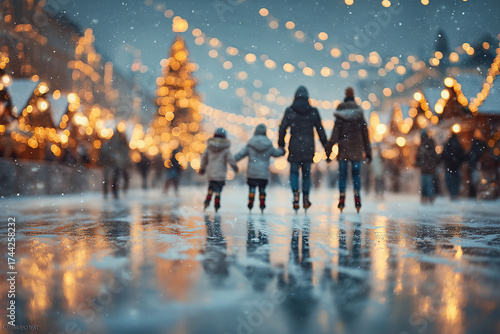 Family ice skating at festive outdoor christmas market