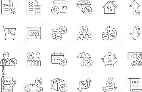 Collection of thin line icons representing various tax and finance concepts for digital use