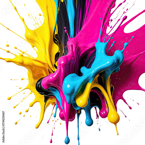 Vibrant CMYK ink splash on a black background, showcasing vivid colors