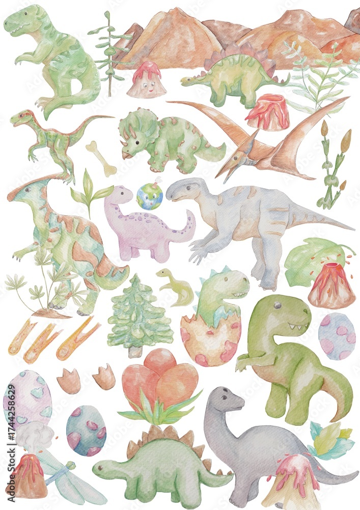 Obraz premium A collection of dinosaur-themed watercolor illustrations featuring cute and colorful dinosaurs, fossils, and prehistoric plants. Perfect for kids’ projects, wall art, and educational materials.