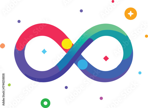 Colorful infinity symbol with small shapes floating around it for digital concepts vector