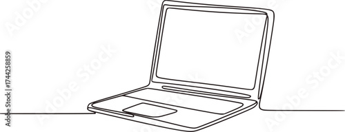 Minimalist black line art drawing of an open laptop computer technology