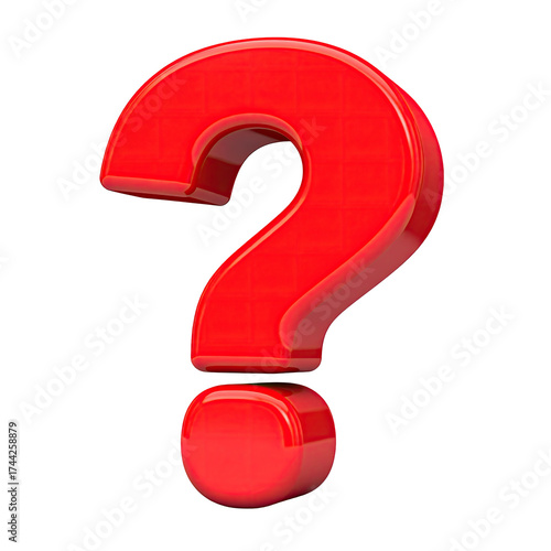 A vibrant, glossy red question mark against a stark black background, rendered in 3D
