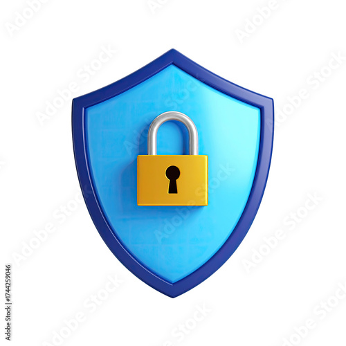 A 3D render of a blue shield with a golden padlock in the center. Black background