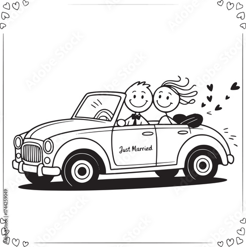 Newlyweds Joyride: A whimsical cartoon captures the joyous moment of a newly married couple embarking on their journey, symbolized by a vintage convertible car, with hearts trailing behind.