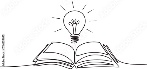 Open book with glowing light bulb above idea knowledge