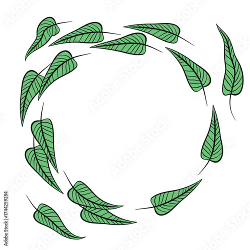 Hand drawn plants, dividers, wreaths, border frames. Circle floral frame with leaves on white background. Vector hand drawn illustration for wallpaper, posters, card. Copy space. Doodle style.