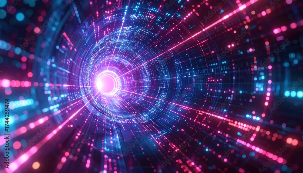 Obraz premium Abstract digital tunnel illustration showcasing vibrant neon lights in shades of blue and pink, creating a futuristic atmosphere and conveying speed and technological advancement, suggesting data...