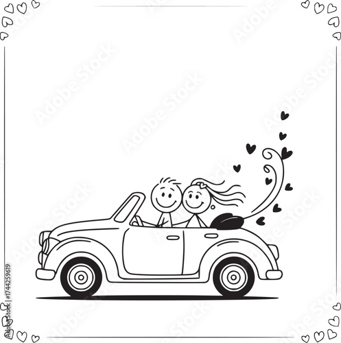 Romantic Drive: A charming line drawing captures a couple in a classic convertible, hearts trailing behind as they embark on a journey of love and shared experiences.