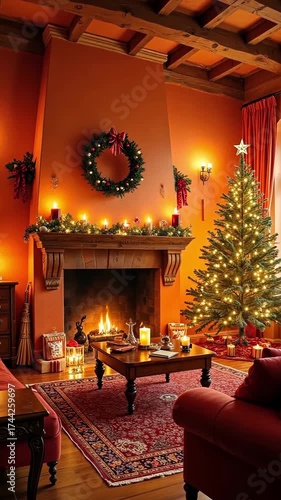 Cozy holiday living room with warm fireplace and decorated Christmas tree in inviting atmosphere