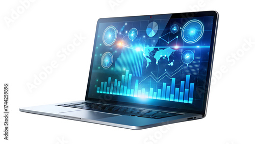 Laptop displaying global network and data visualization, representing international business and technology, isolated on transparent background