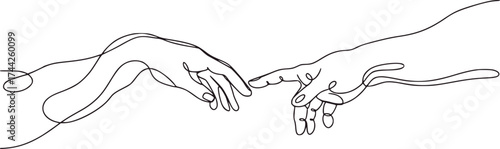 Two hands reaching touching fingers minimalist line art vector
