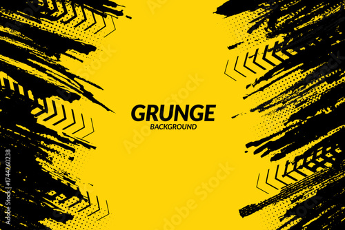 Yellow and black backdrop with dot halftone, arrows and grunge dirt elements. Urban style modern grunge background. Drive and speed modern creative wallpaper for your graphic design, banner or poster