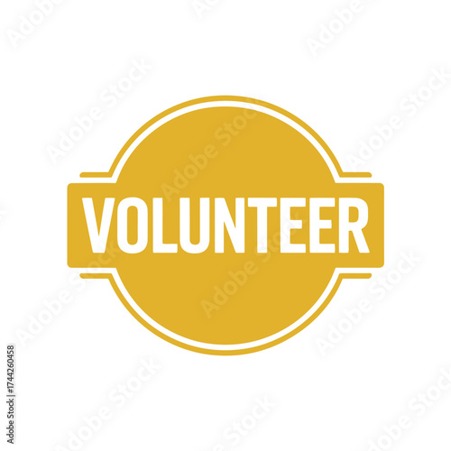 Yellow volunteer badge emblem with bold white text
