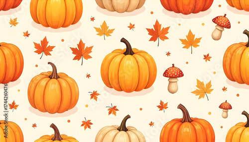 Autumn seamless pattern with leaves and pumpkins. Vector seamless pattern with maple leaves, acorns, mushrooms, and pumpkins in warm fall tones.