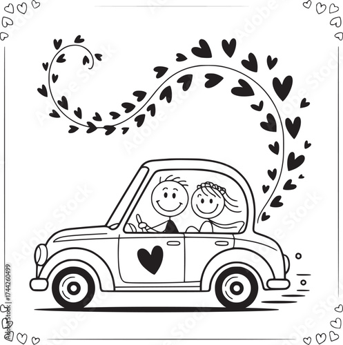 Love Journey in Cartoon: A charming cartoon captures the essence of love as a couple embarks on a romantic journey, their car adorned with hearts and floral accents.