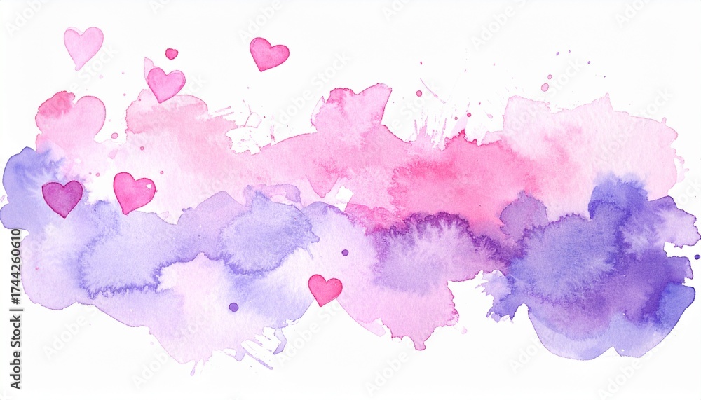 Obraz premium Pink and lavender watercolor splash with doodle hearts