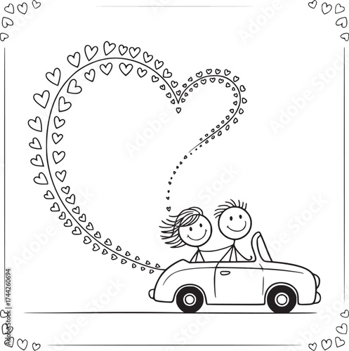 Romantic Getaway: A joyful stick figure couple cruises in a convertible, forming a heart-shaped route with leaves, depicting a journey of love and the joy of togetherness.