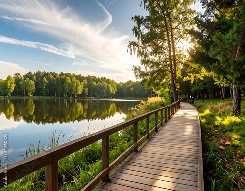 Serene lake path at dawn