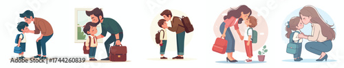 vector of a parent kissing his child before leaving for school