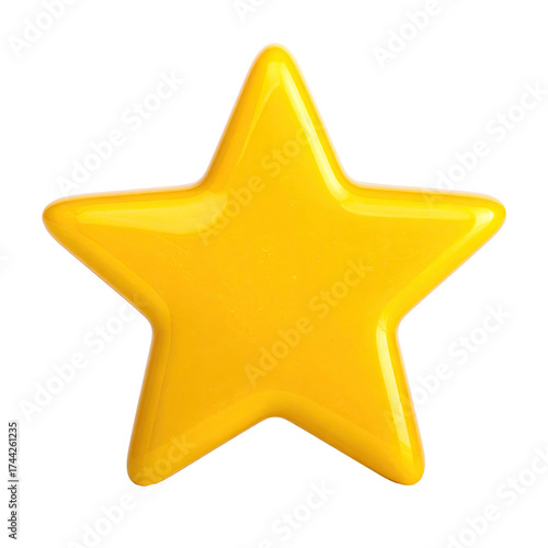 Shiny, five-pointed yellow star, rendered against a black background, with glossy, smooth finish