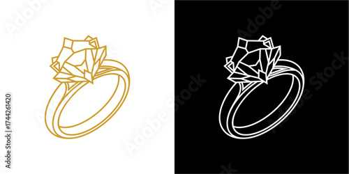 Two contrasting illustrations of a diamond engagement ring, gold and white.