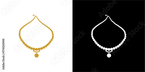A gold necklace with pendant on a white background and a white necklace with pendant on a black background.