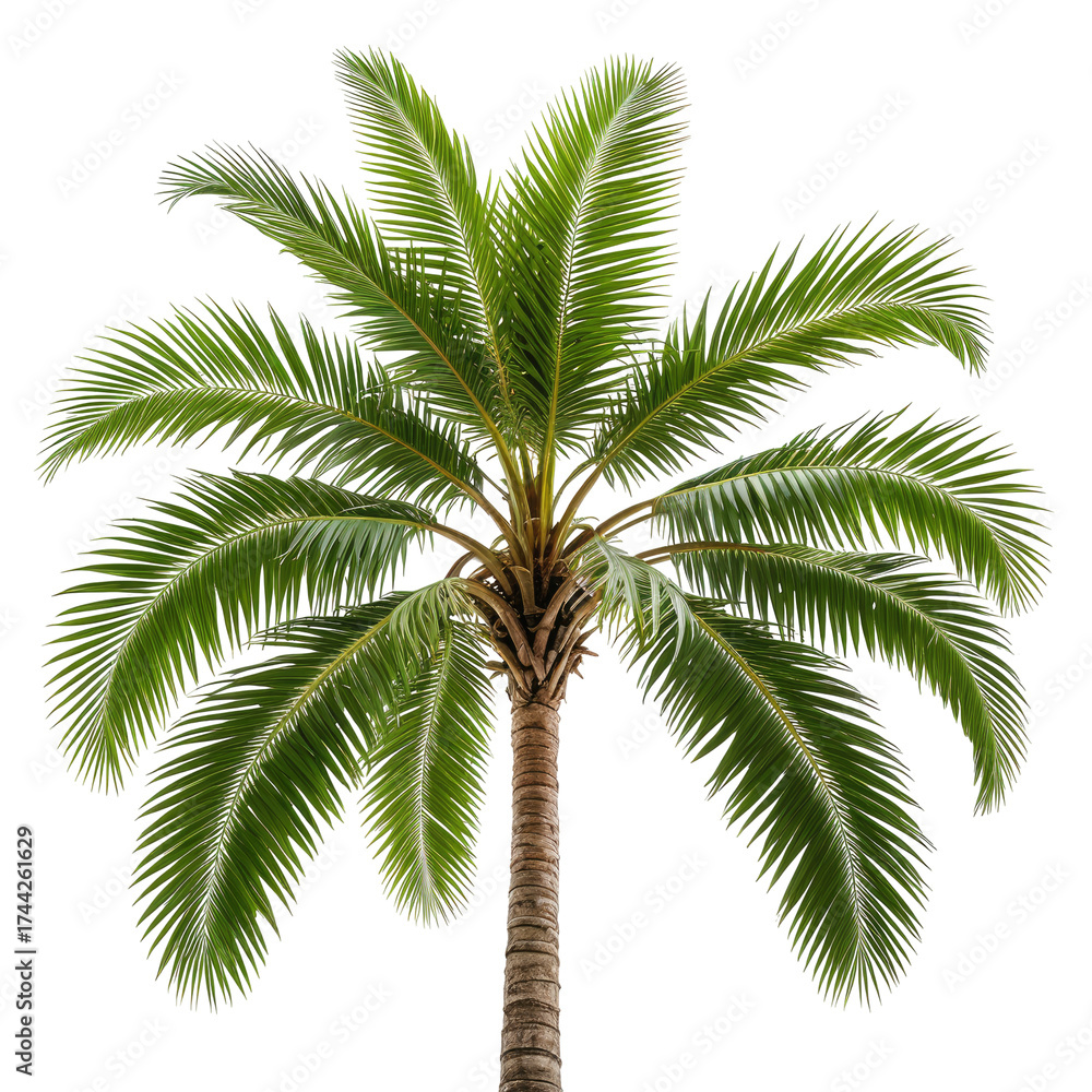 Fototapeta premium Lush tropical palm tree with green fronds against a black background
