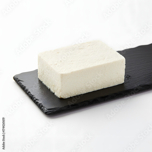 Block of Tofu on Black Slate Serving Board white food