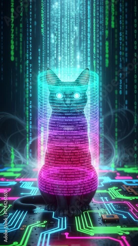 A glowing black cat sitting on a neon circuit board. Cascading streams of green binary code create a digital rain effect around the animal. 