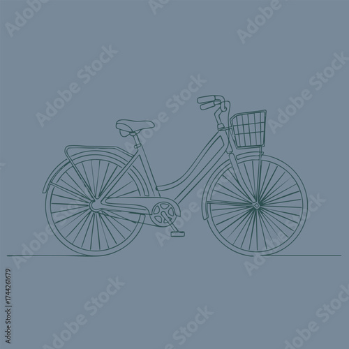 Line drawing of a classic city bicycle with a front basket and curved frame, set against a muted for minimalist design