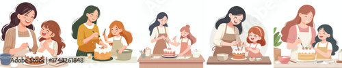 vector of a mother making a cake with her daughter