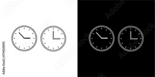 Two clocks showing different times, one on a white background and the other on black.