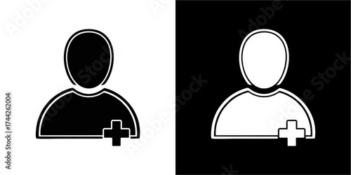 Two stylized human figures with a plus sign, one black and one white, on contrasting backgrounds.