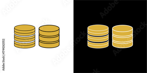 Two stacks of golden coins are displayed against contrasting black and white backgrounds.