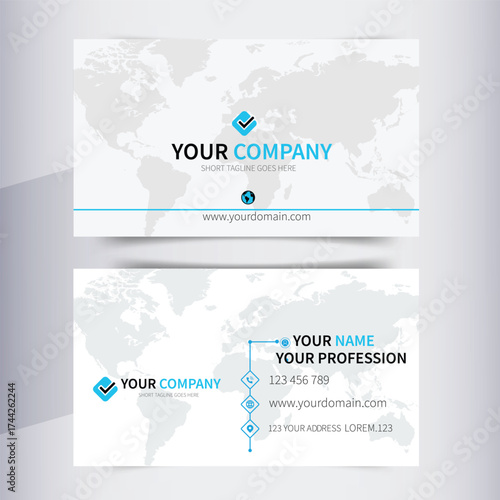 Modern Minimalist Business Card Template — Corporate Identity Design with World Map Background and Blue Accents