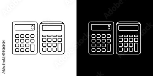 Two calculator outlines, one on white background, the other on black.