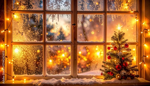 Cozy Christmas scene of a decorated window looking out onto a snowy winter landscape.