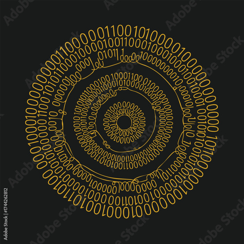Abstract spiral pattern created with binary code and digital lines on a dark emphasizing technology and data visualization