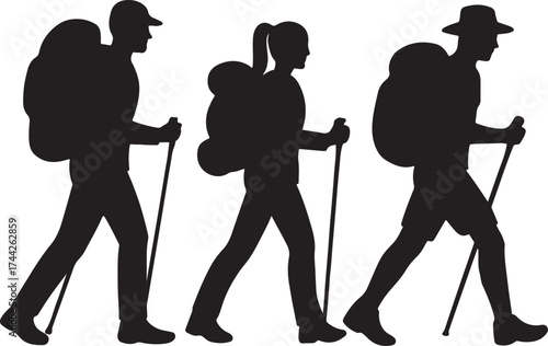Three Hikers Silhouette Illustration Hiking Trekking Adventure Vector Design