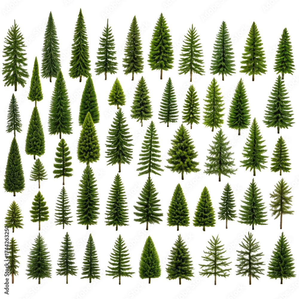Fototapeta premium Array of various green coniferous trees against a black background