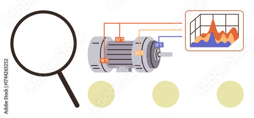 Magnifying glass, industrial motor with connected lines, and data-driven graph analysis. Ideal for technology, diagnostics, engineering, data visualization, analytics, problem-solving process