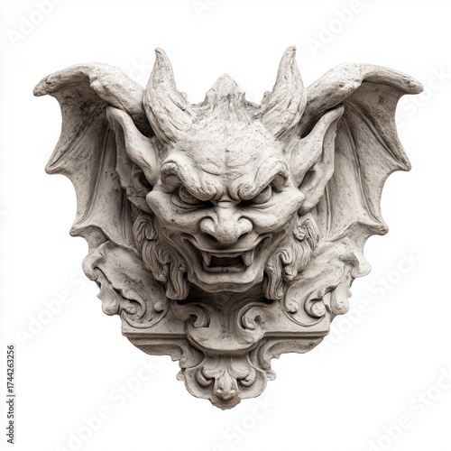 Detailed stone gargoyle with wings and fierce expression weathered texture halloween gothic elegant sculpture white backdrop isolated