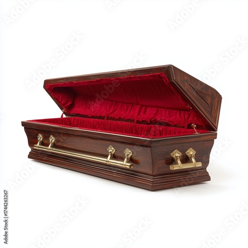 Gothic wooden coffin with brass handles and red velvet interior halloween burial elegant prop white background isolated